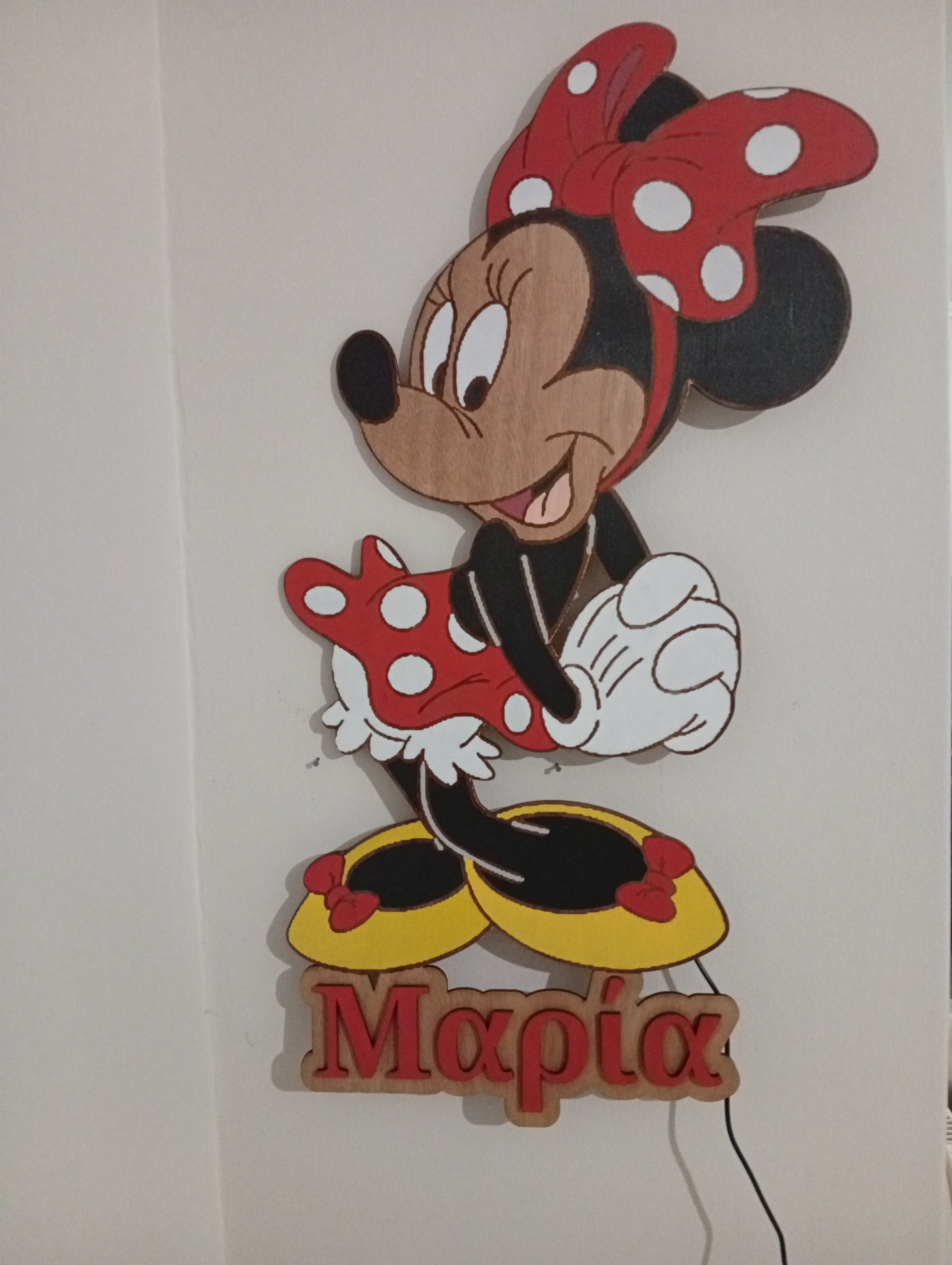 Χειροποίητο Ξύλινο Φωτιστικό Minnie Mouse με Όνομα — Παιδικό Δωμάτιο