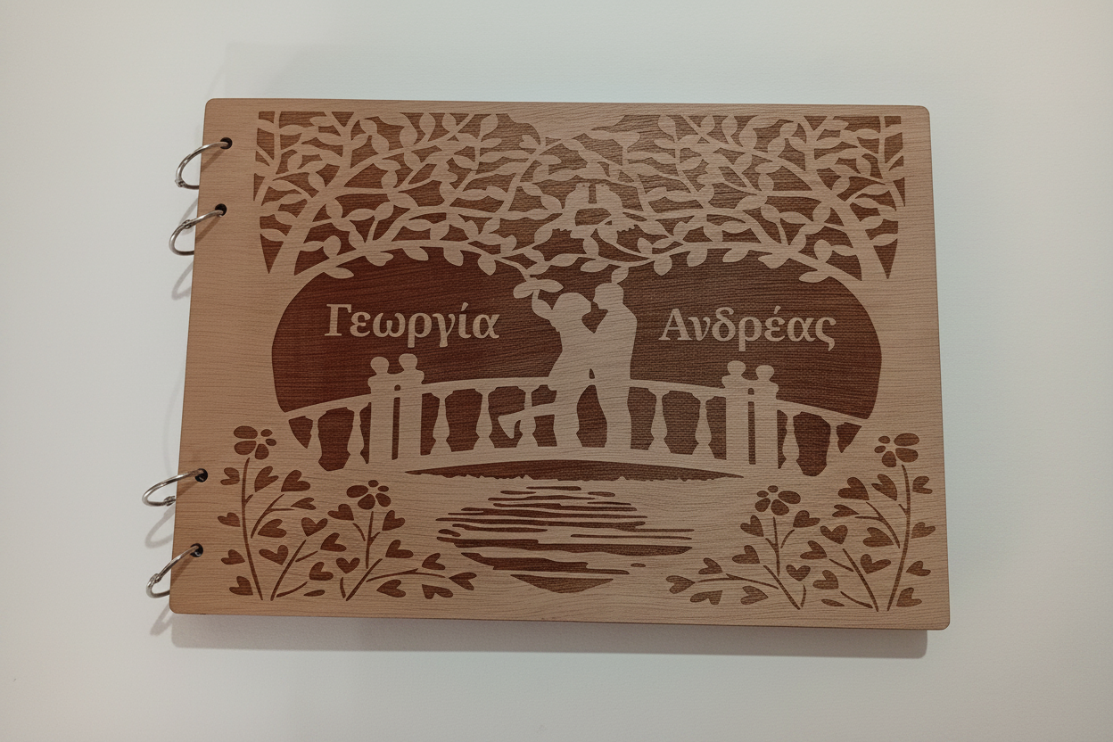 Χειροποίητο ξύλινο ευχολόγιο γάμου με κρίκους χωρίς φόντο