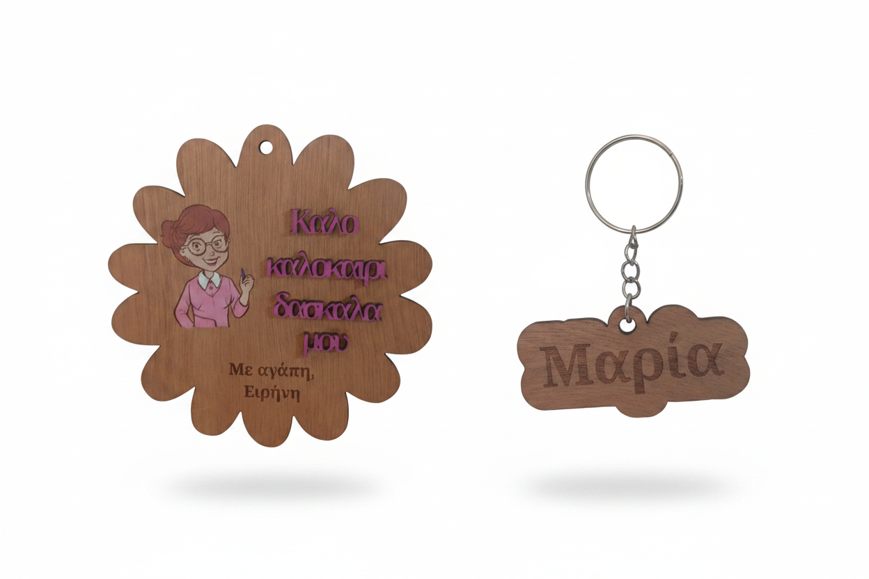 Κάδρο δασκάλας 15x15 cm και ξύλινο μπρελόκ με όνομα