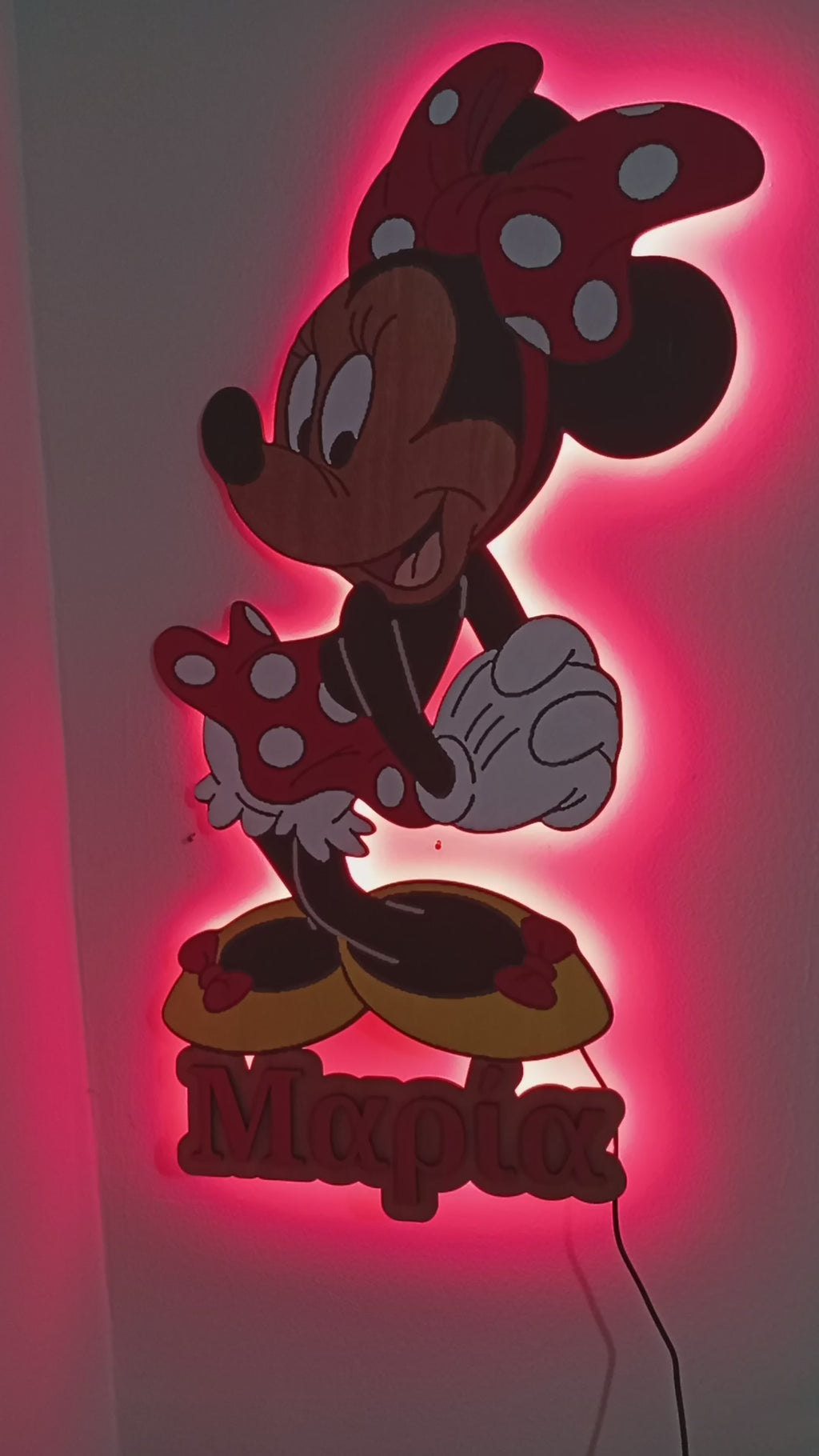 Χειροποίητο Ξύλινο Φωτιστικό Minnie Mouse με Όνομα — Παιδικό Δωμάτιο